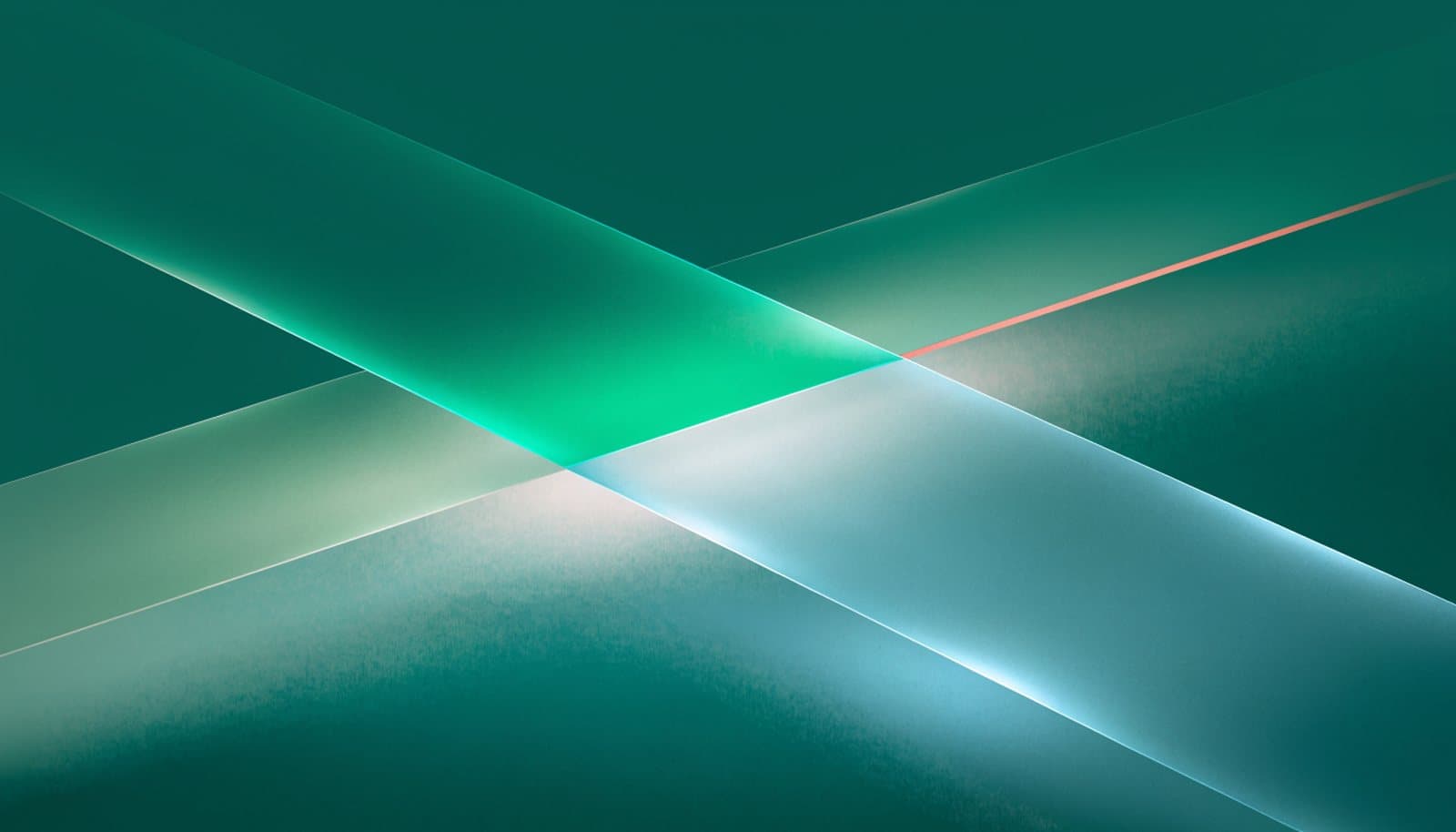 Two glowing glass planes cross to form four lit quadrants, one edge in coral: the four culture types of the Competing Values Framework.