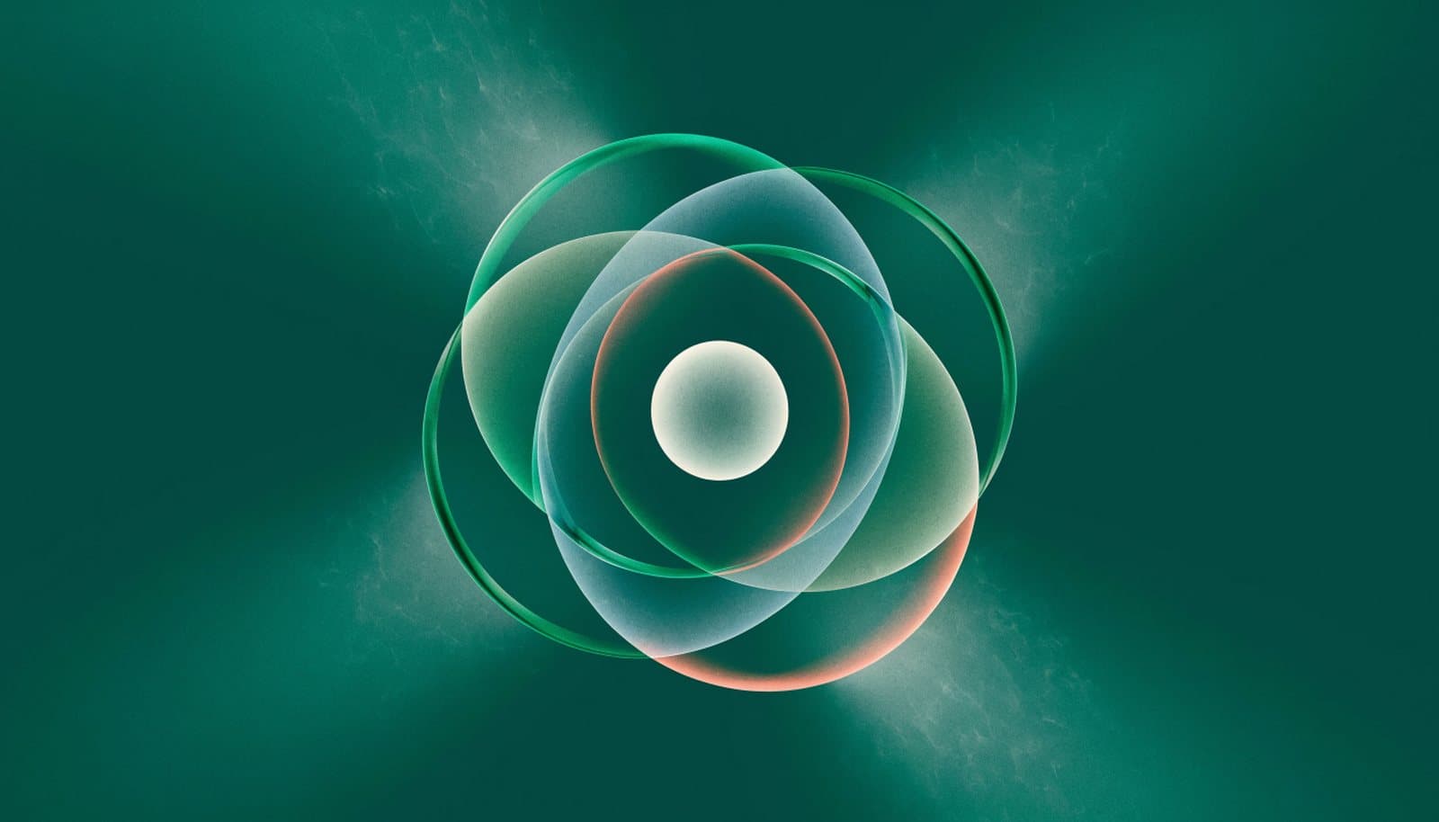 Seven glass rings interlock around a glowing centre, one ring edged in coral: the parts of the cultural web around the paradigm.