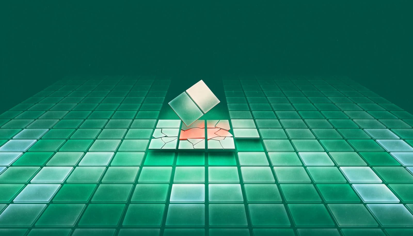 A floor of glowing glass tiles where one cracked coral cluster is lifted out and replaced: fixing a toxic culture team by team.