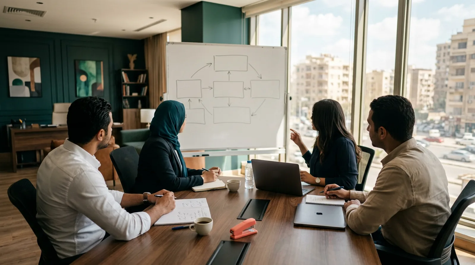 An HR team mapping a change plan on a whiteboard