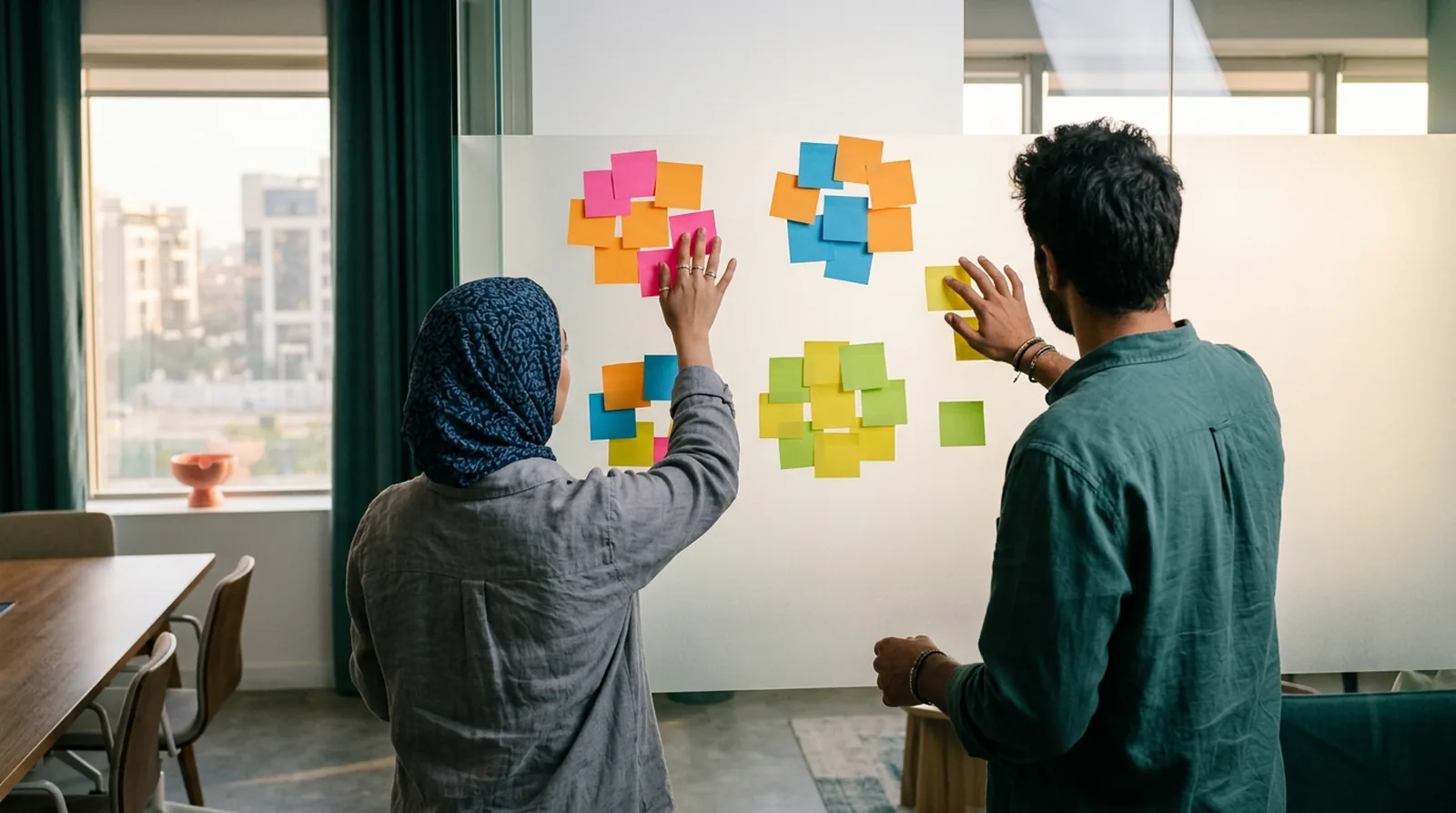 Sticky notes grouped in six circles on a meeting-room wall during a cultural web workshop