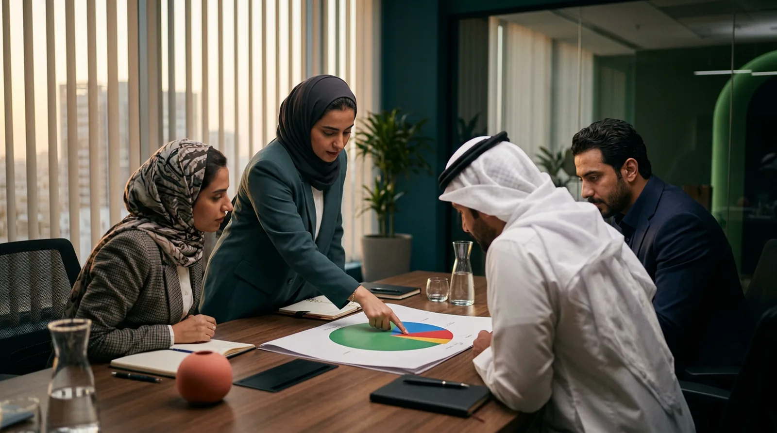 A leadership team studying a printed circular culture report at a meeting table
