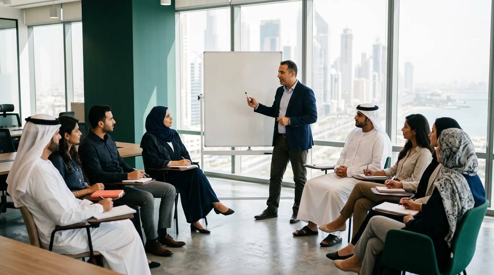 A multinational team in a Gulf office discussing working styles in a workshop