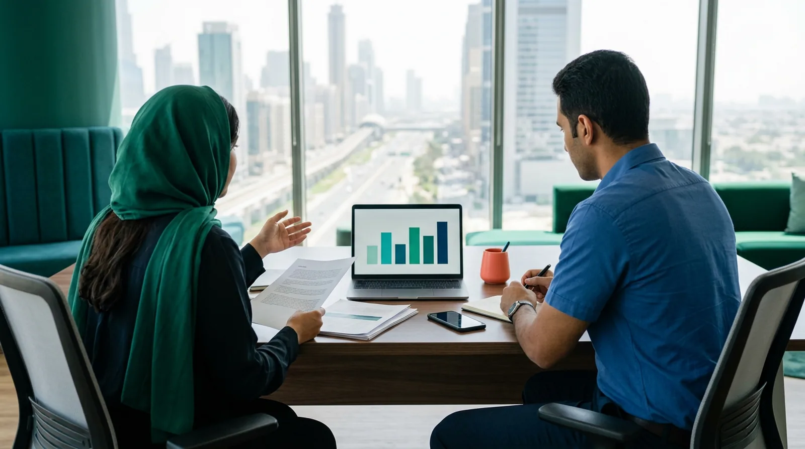 Two HR professionals review team-level data on a laptop
