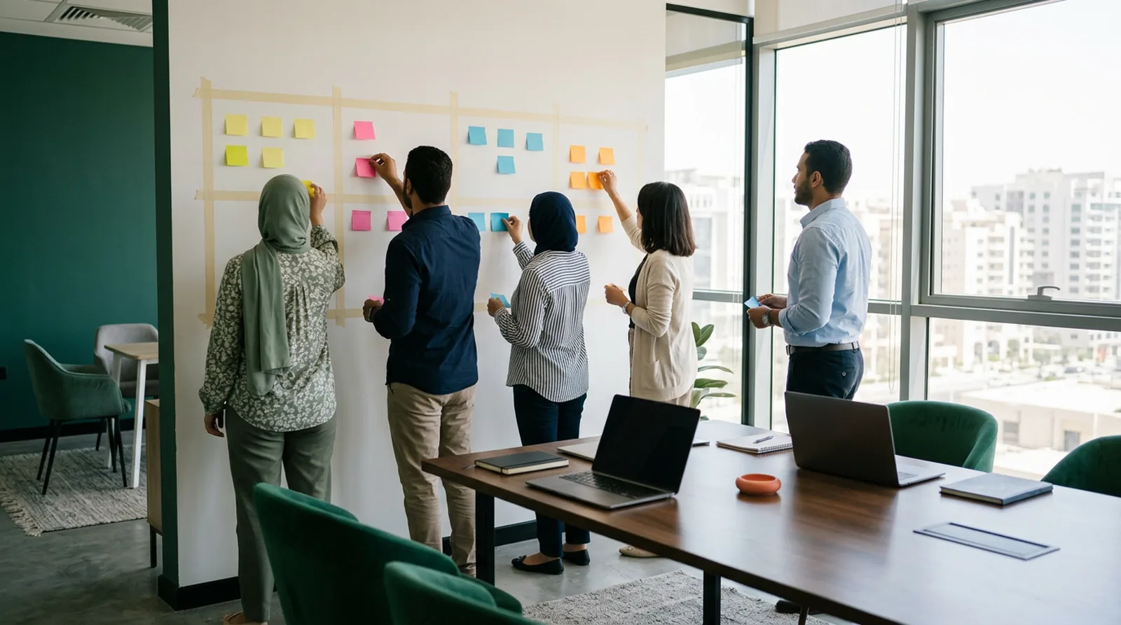 A leadership team arranging coloured sticky notes in a four-quadrant grid on a meeting-room wall