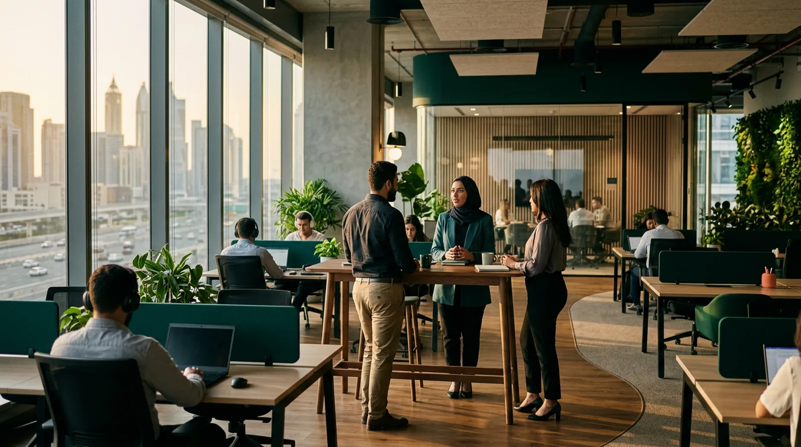 An open-plan office where one small group talks around a table while others work alone at their desks