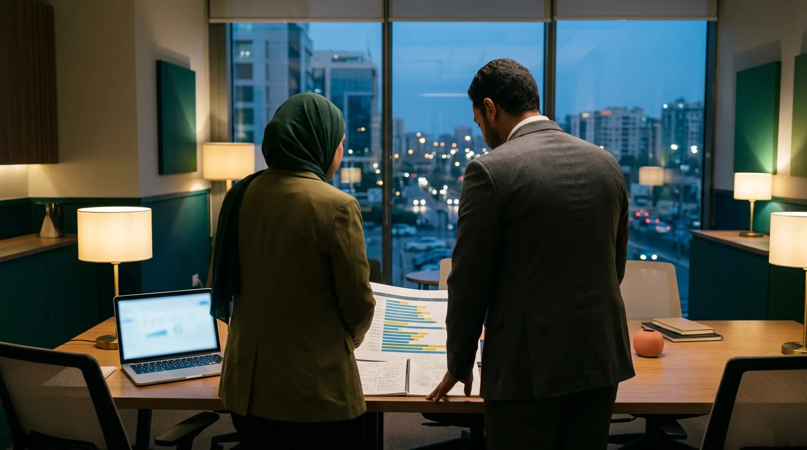 Two leaders reviewing team-level people data on a meeting table
