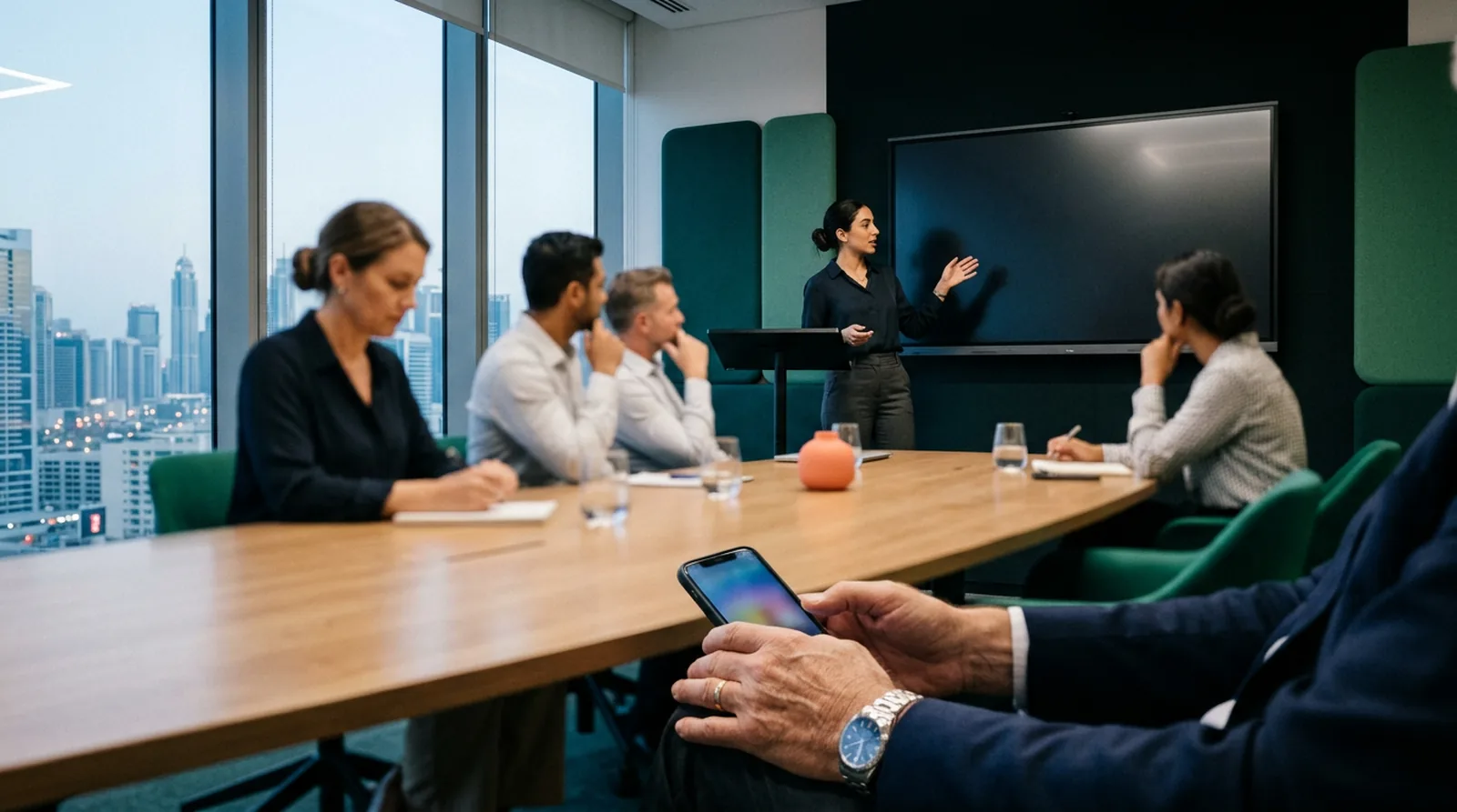 A manager looks at his phone while a junior colleague presents in a meeting