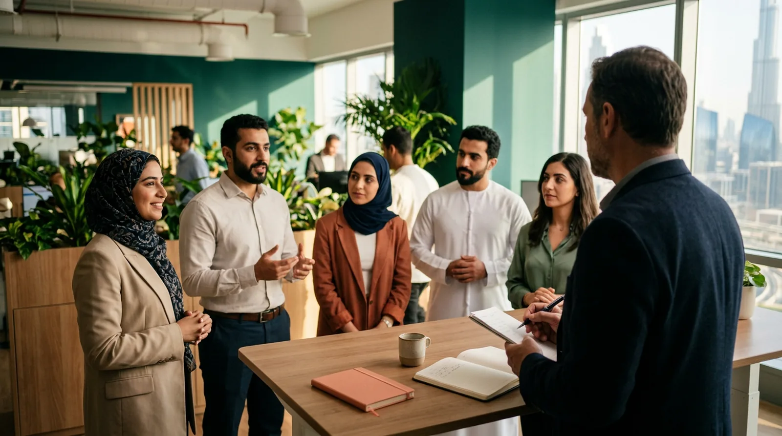 A manager listening at a team huddle, the role modelling that culture change depends on