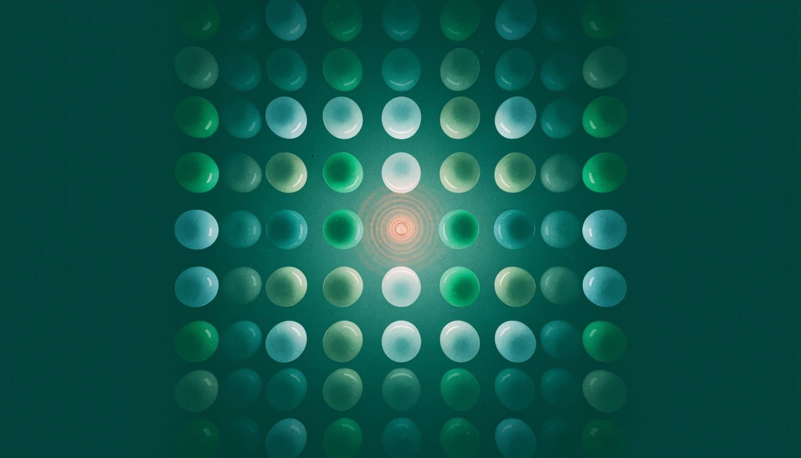 A calm grid of glowing spheres with one coral ripple spreading from a single point: small rude acts spreading through a culture.