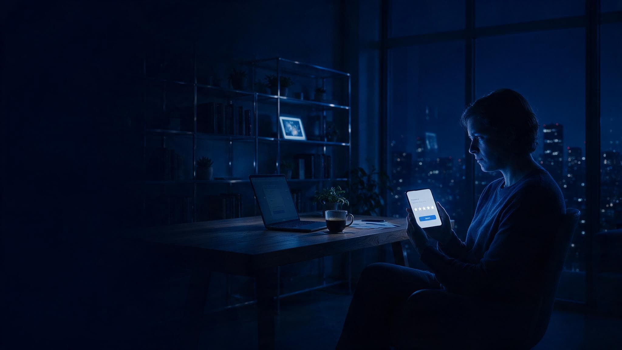 Someone tapping a five-star rating on a phone, late at night.