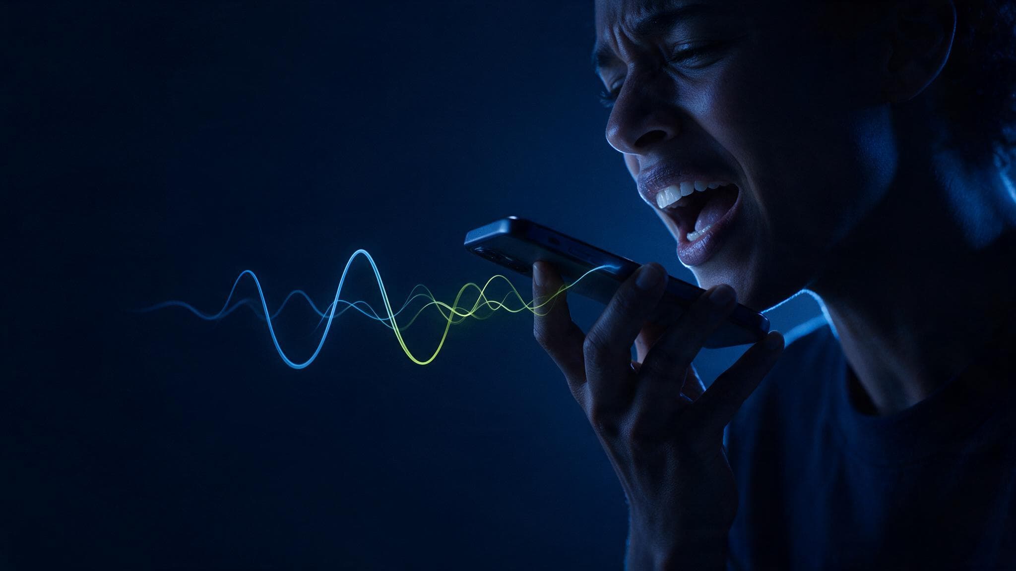 A person speaking into their phone, the spoken waveform reading off it in Viton’s spectrum.