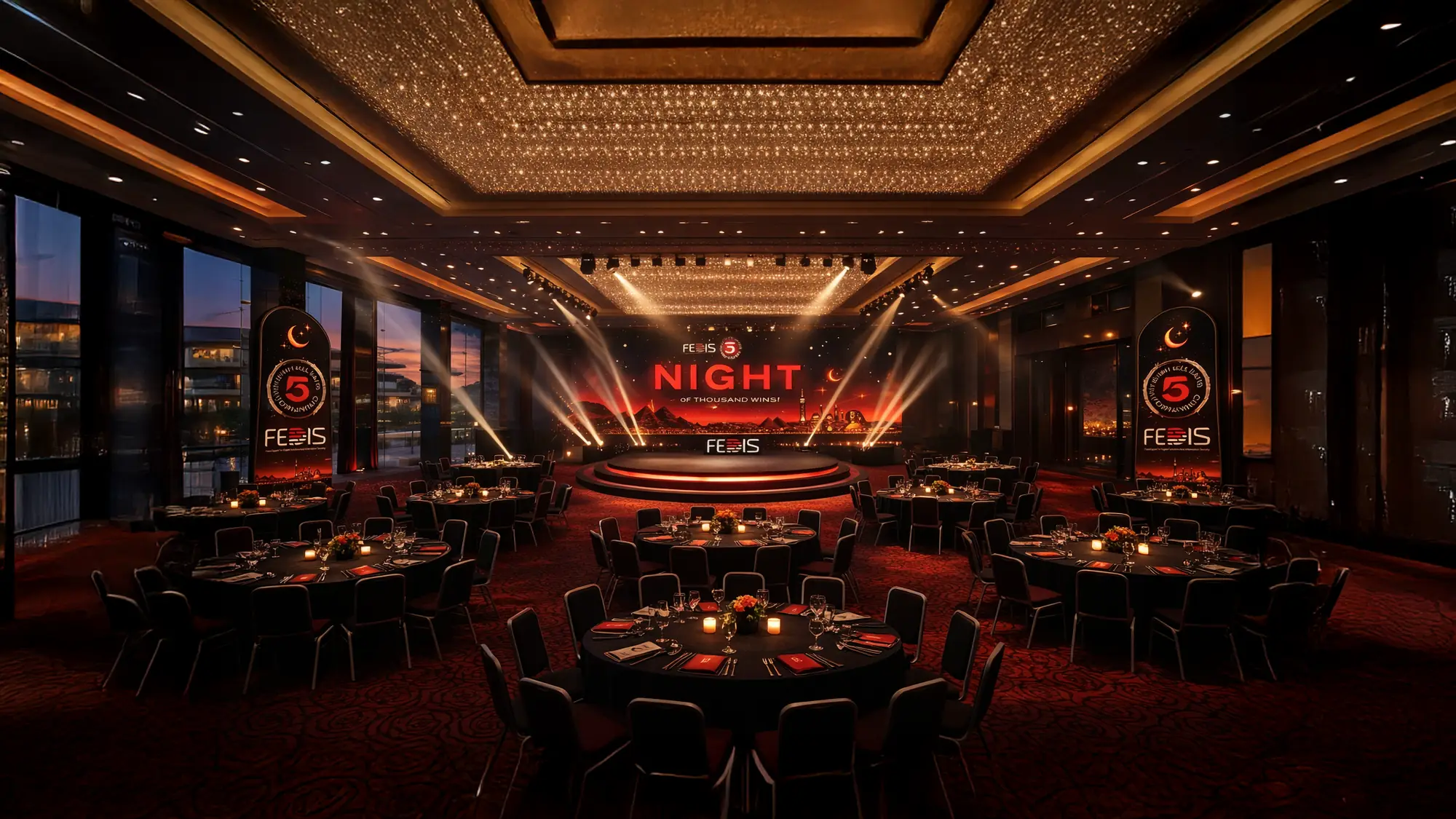 Concept render of a gala ballroom with round tables, warm lighting and a glowing stage