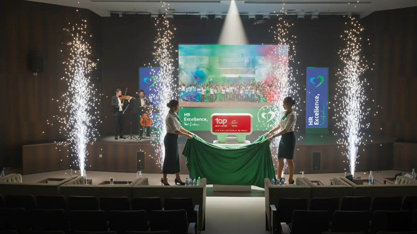 Concept render of an award unveiling on stage with a string quartet and cold sparks