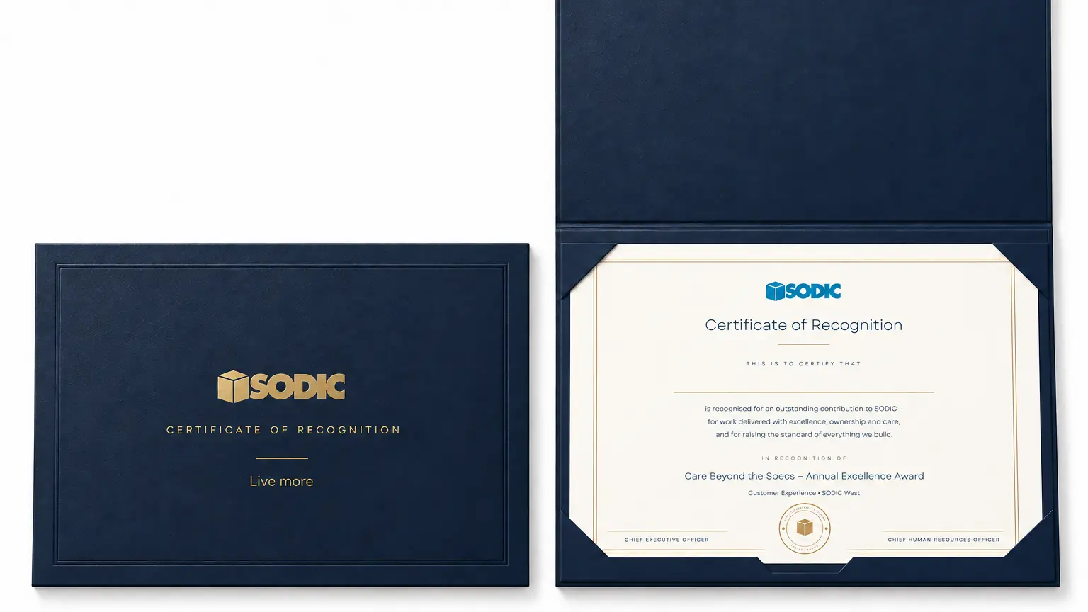 Navy leather certificate folder with gold foil next to a framed recognition certificate