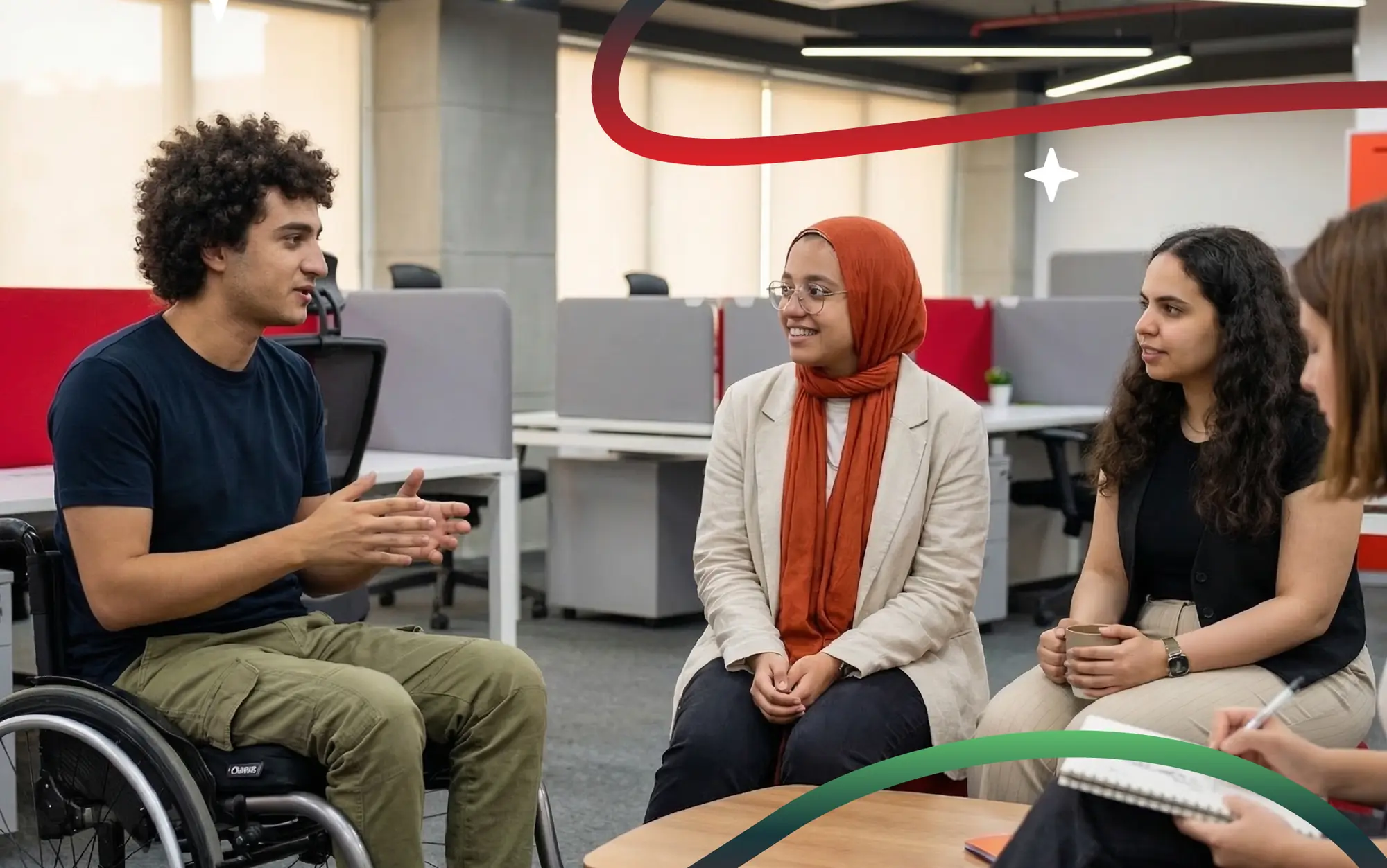Young job seekers chatting in a modern open office, with flowing red and green brand ribbons