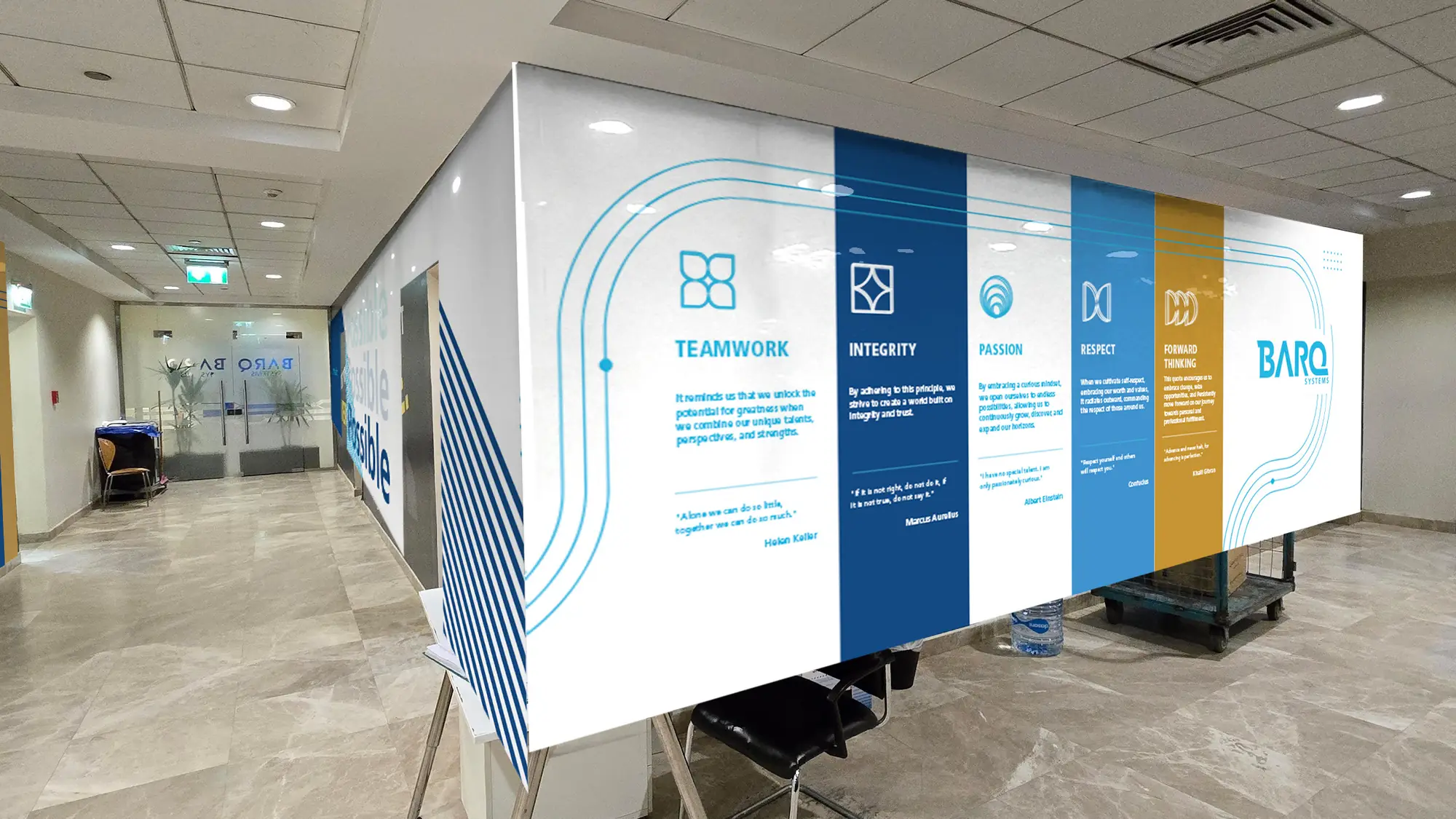 Office corridor mockup wrapped in blue and gold values wall graphics with icons