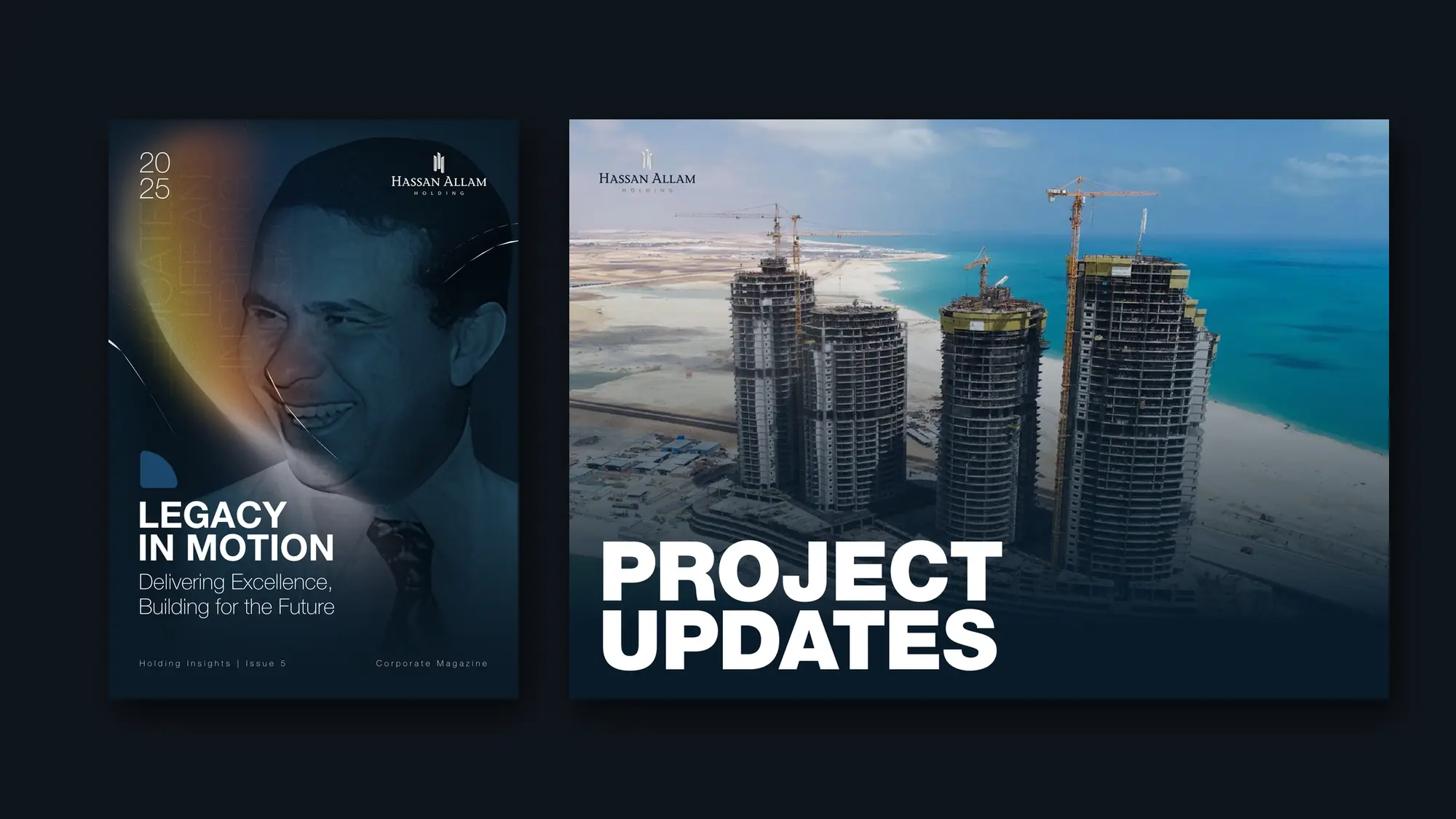 Corporate magazine cover beside an open project updates spread on a dark background