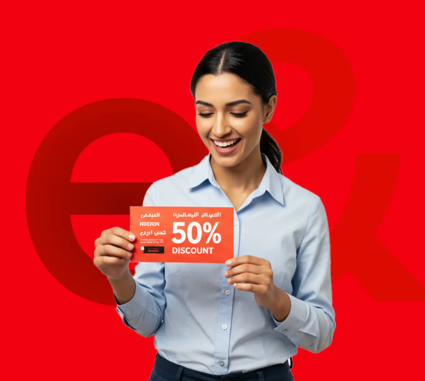 Smiling employee holding up a discount voucher against a bold red branded backdrop