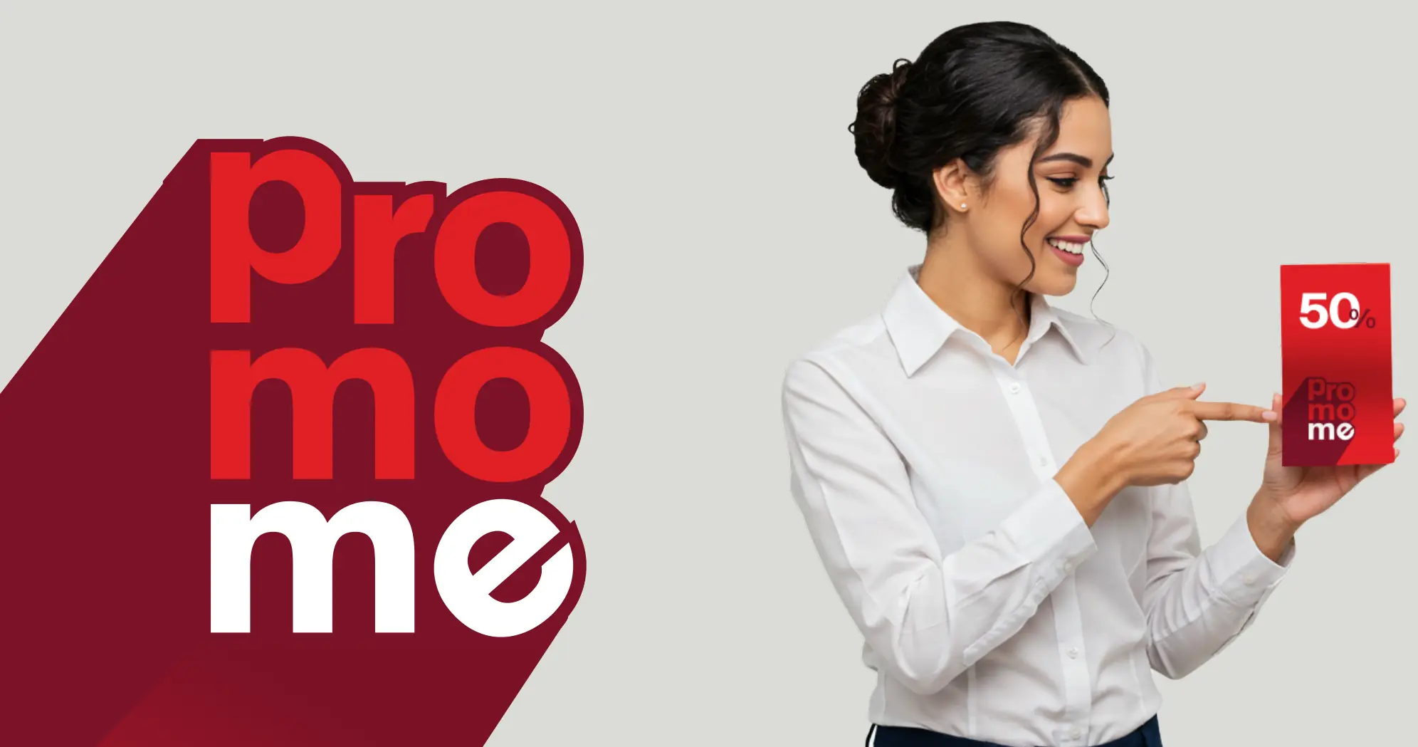 Cheerful employee pointing at a red promo card beside bold stacked promo lettering