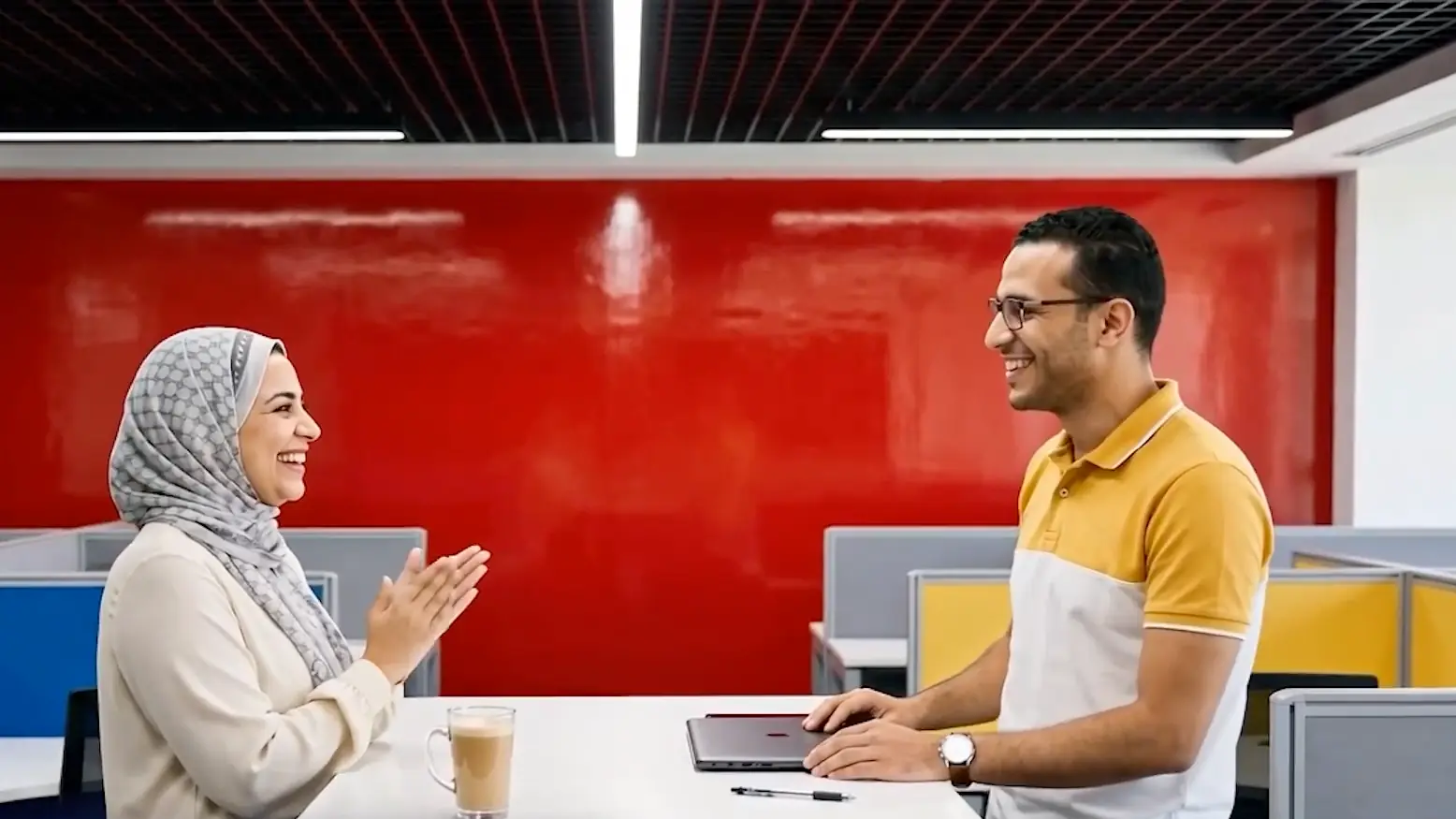 Woman in a headscarf applauds a smiling colleague beside a white desk in a bright office
