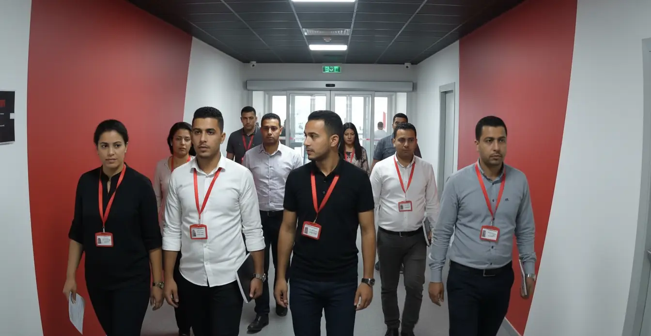 Employees wearing red lanyards and ID badges walking down a bright office corridor