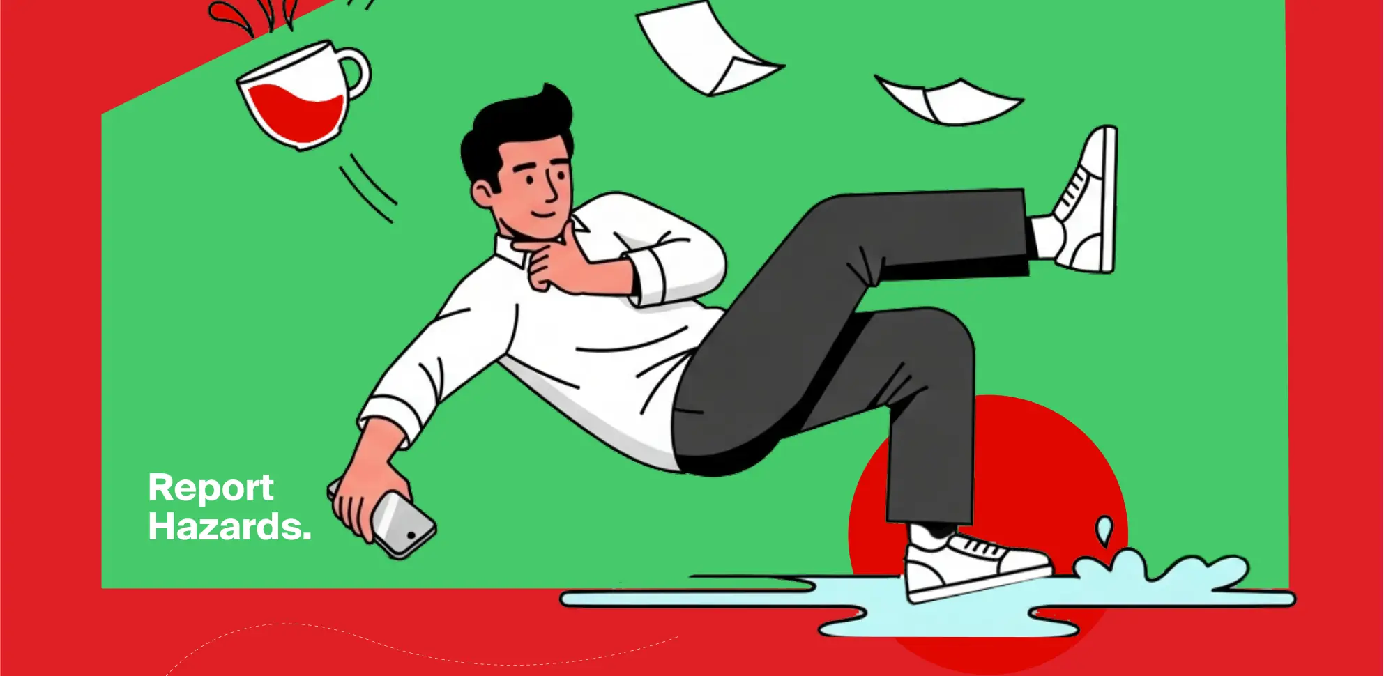 Illustrated office worker slipping on a wet floor among flying papers and coffee