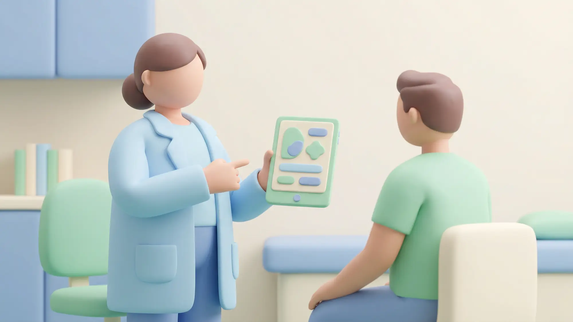 Illustrated doctor explains health results on a tablet to a seated employee