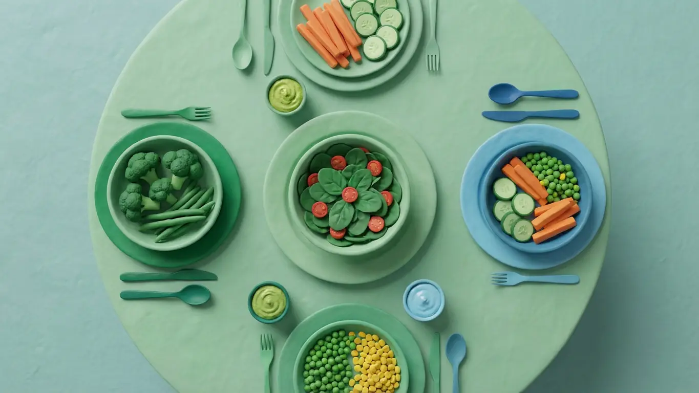 Clay-style table set with bowls of fresh vegetables and healthy balanced meals