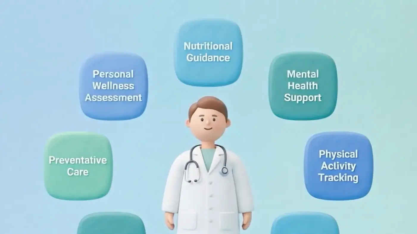 Clay doctor surrounded by tiles for nutrition, mental health, sleep, activity and preventive care