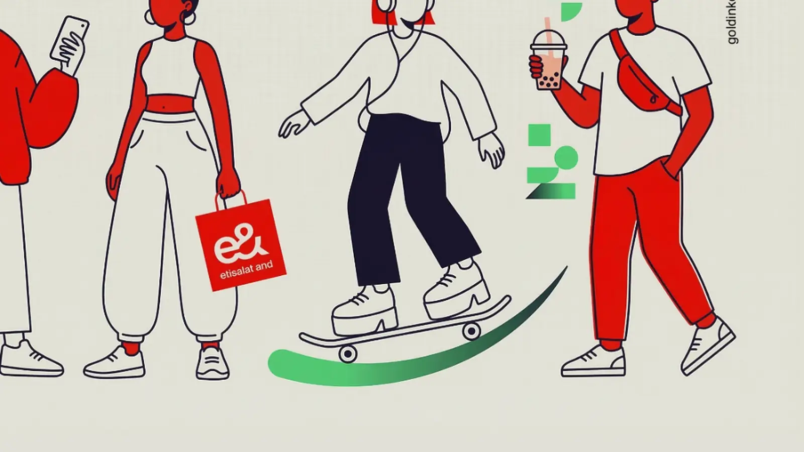 Illustration of young employees on the move, one skating, others with phones and drinks