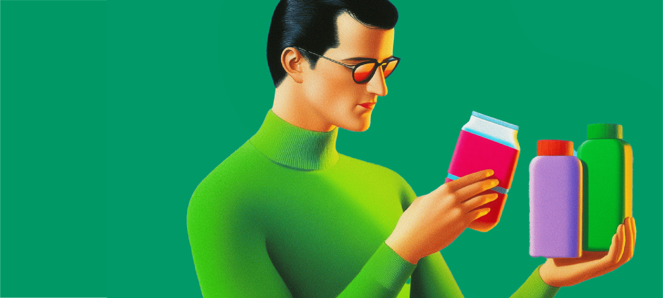 llustrated figure in green turtleneck examining product containers against teal background