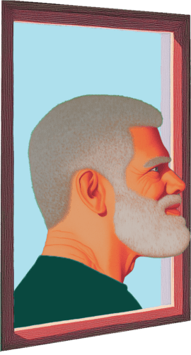 llustrated side profiles of individuals in wooden frames against light blue background