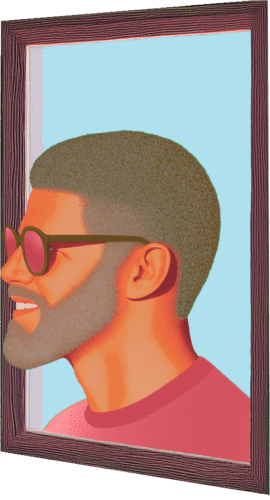 Illustrated profile portrait of person wearing glasses in wooden frame against blue background